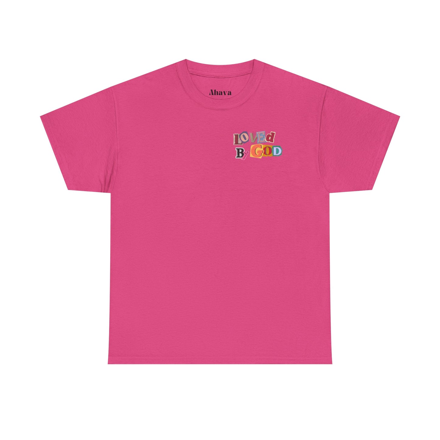 Pink t-shirt with colorful text design on a white background