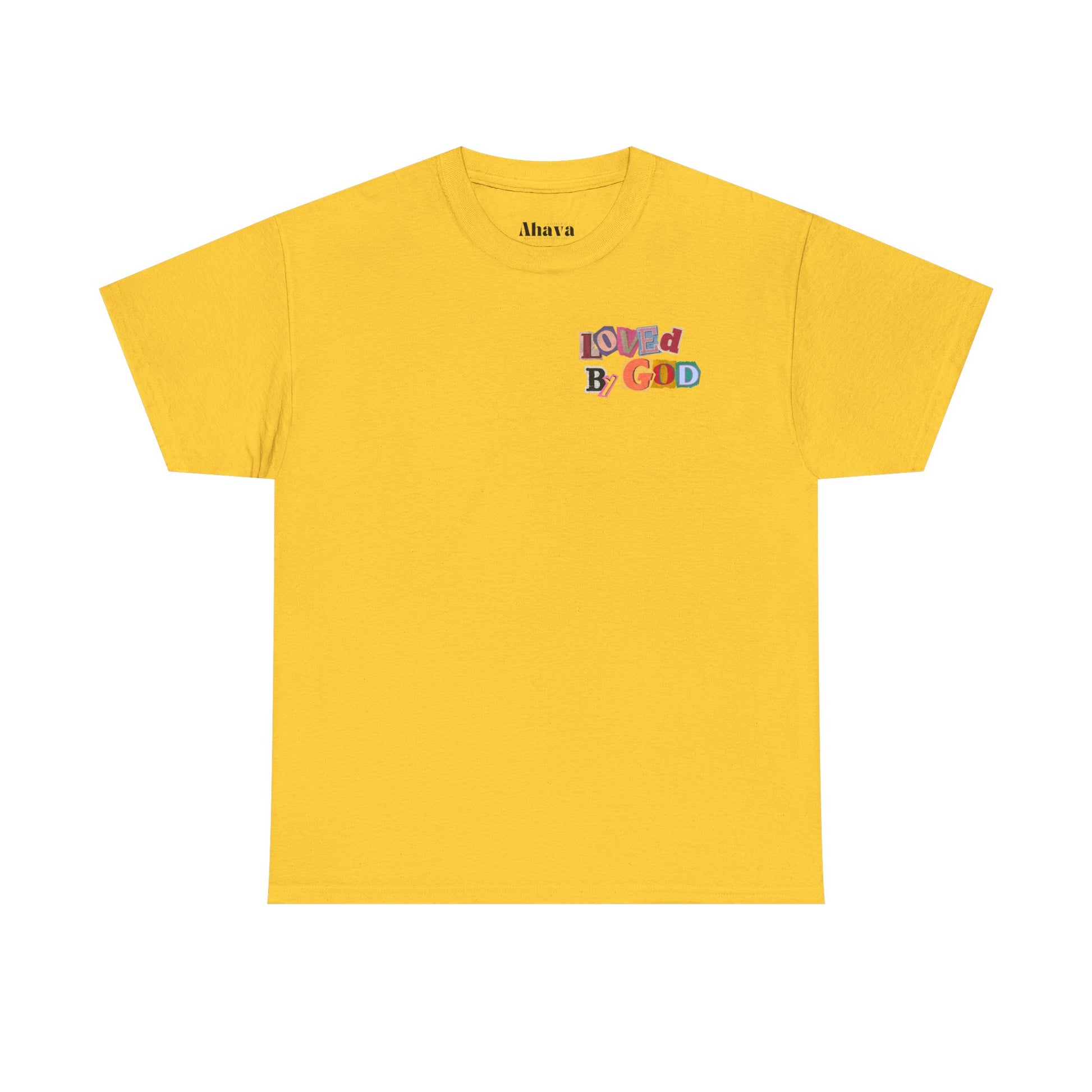 Yellow t-shirt with colorful text design on a white background