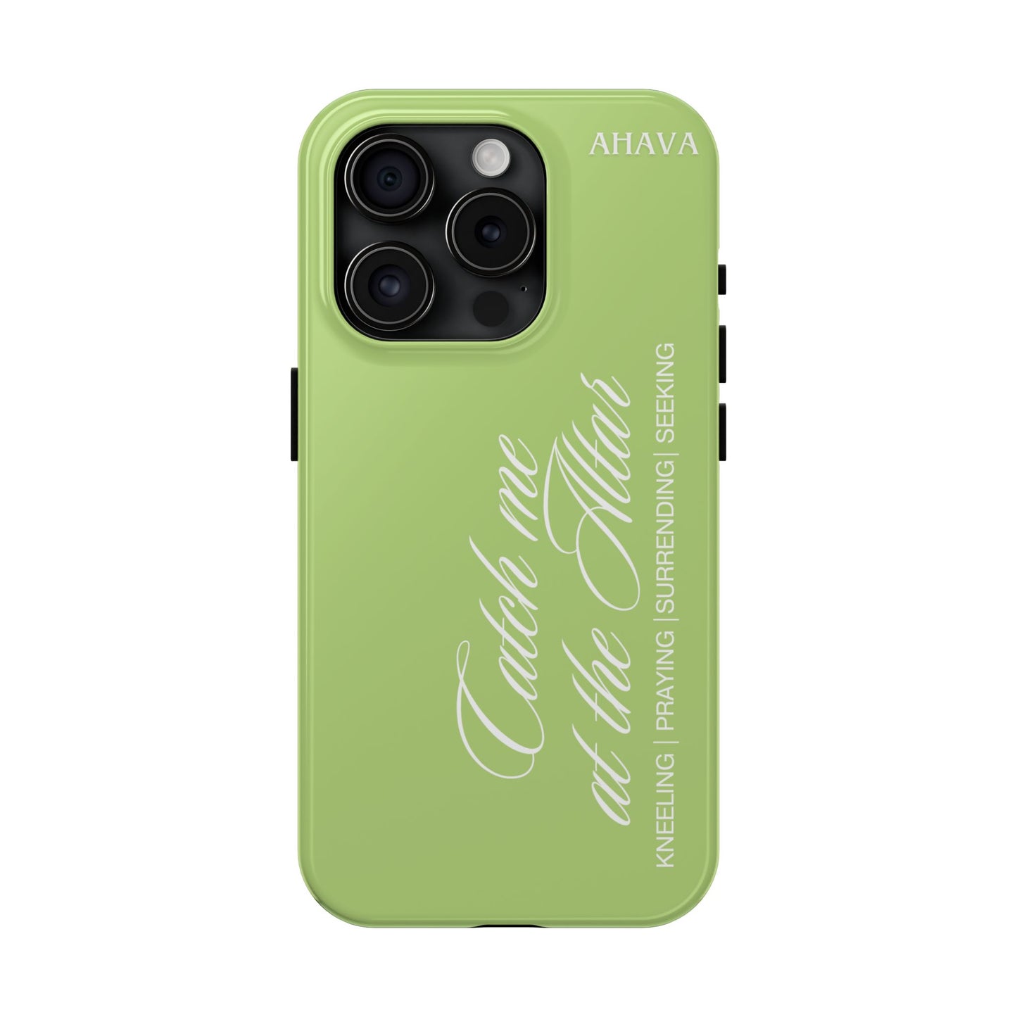 Green phone case with text and AHAVA branding on a white background