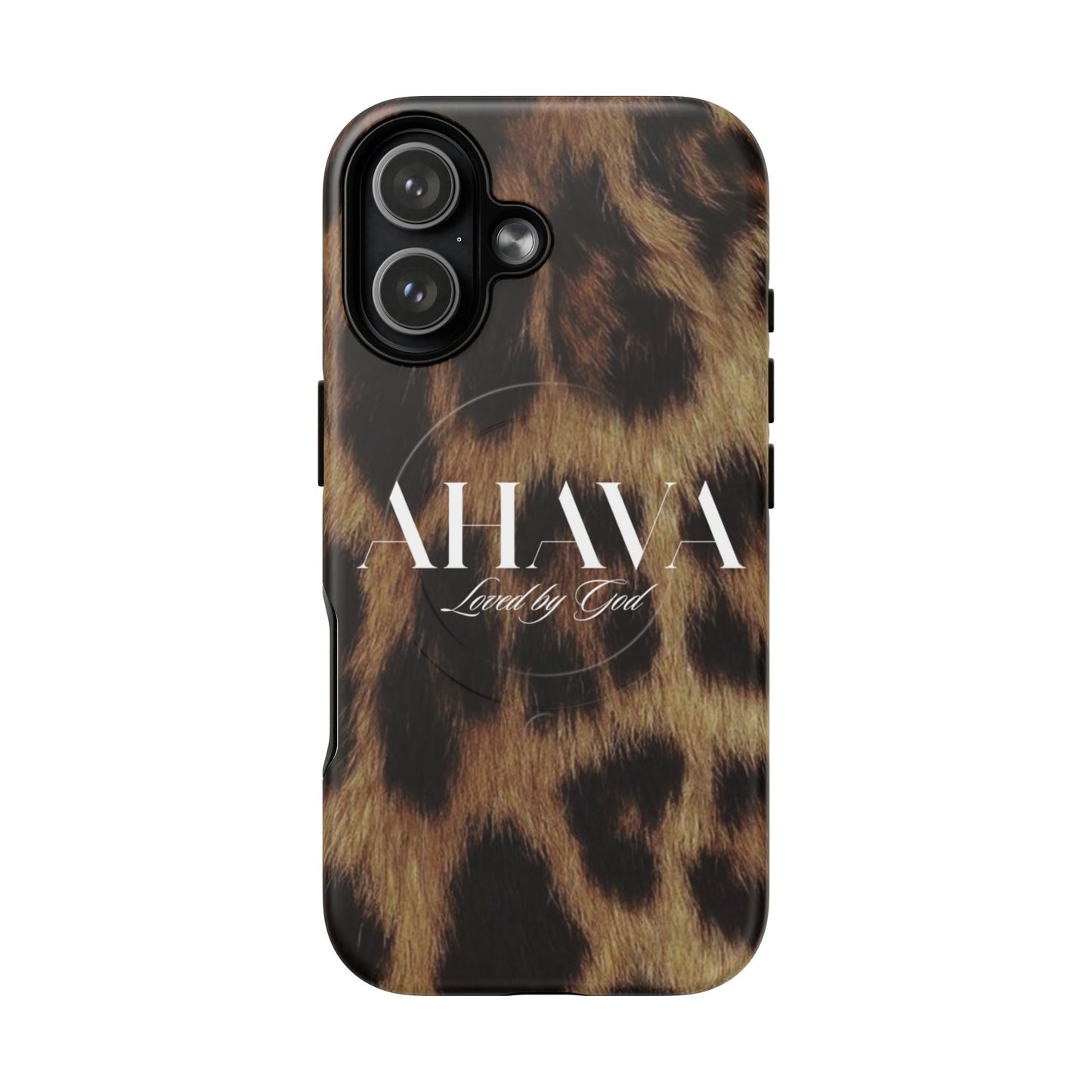 Phone case with leopard print design and 'AHAVA' branding on a white background