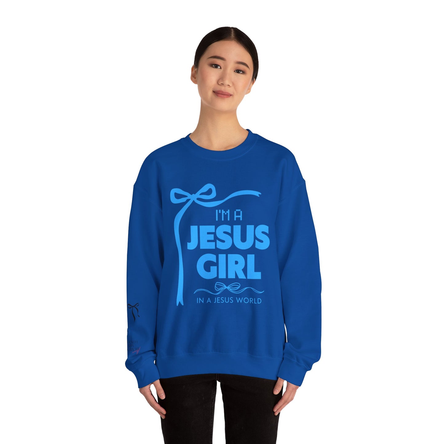 Jesus girl in a Jesus World Sweatshirt