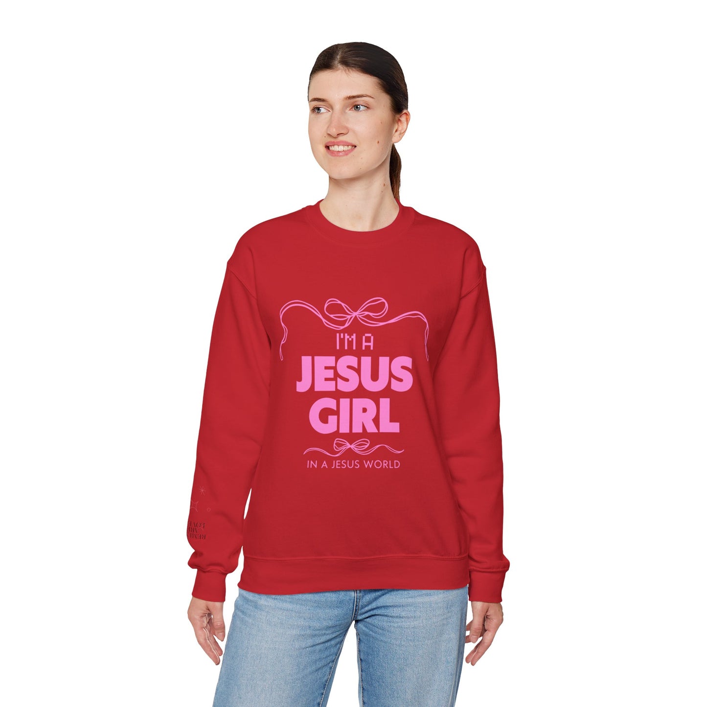 Jesus girl in a Jesus World Sweatshirt