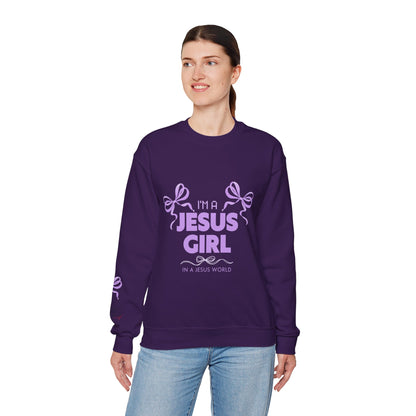 Jesus girl in a Jesus World Sweatshirt