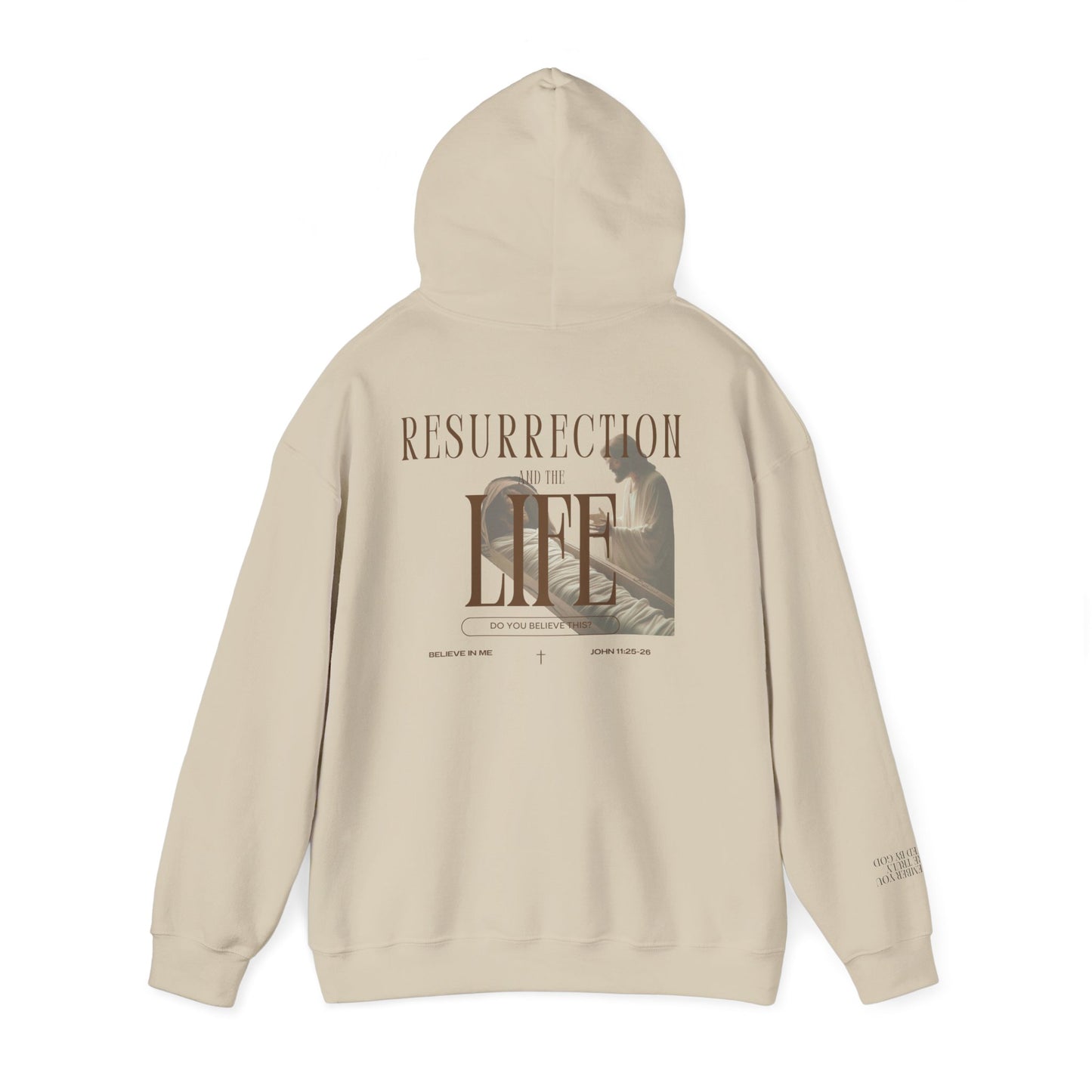 Beige hoodie with text and graphic design on a white background