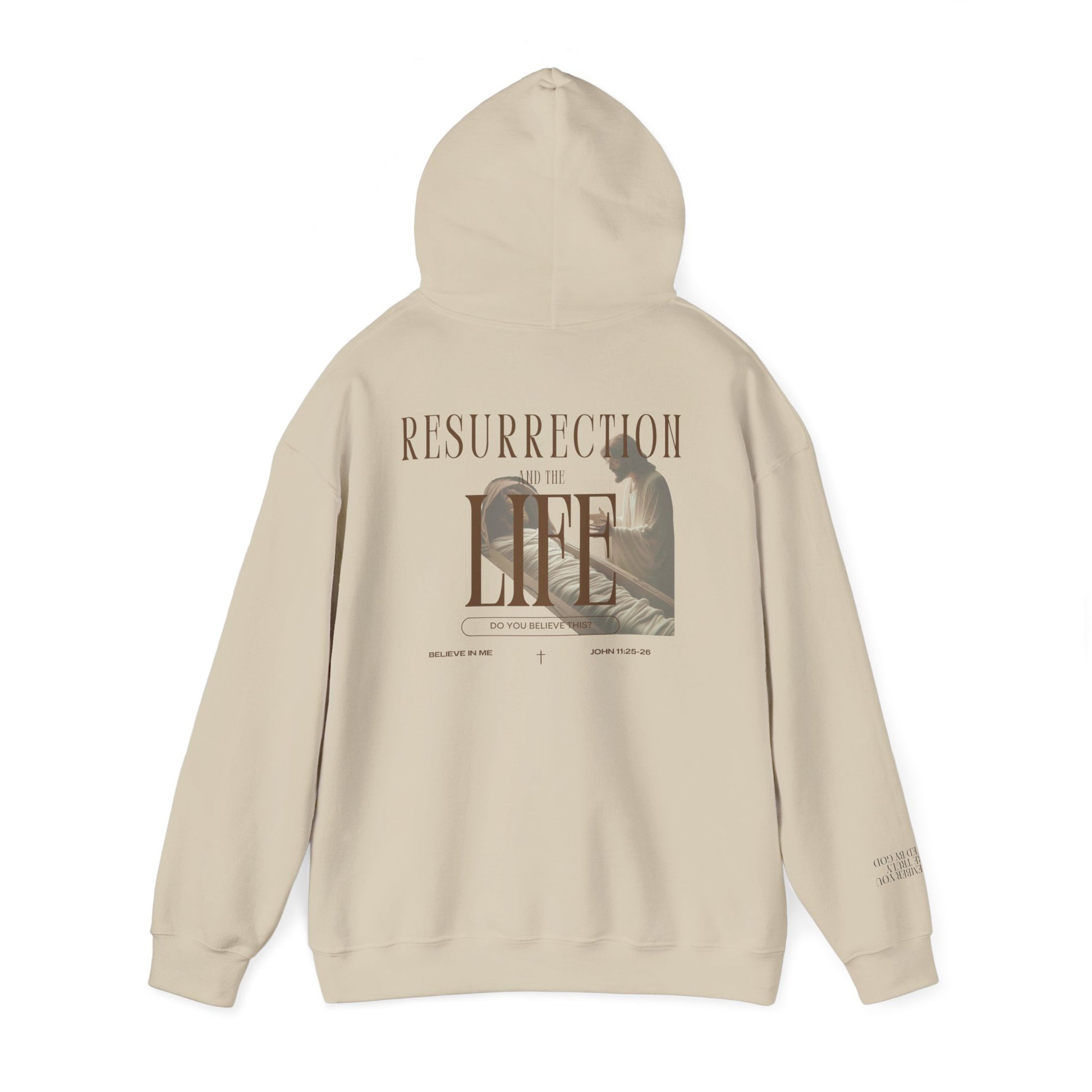 Beige hoodie with text and graphic design on a white background