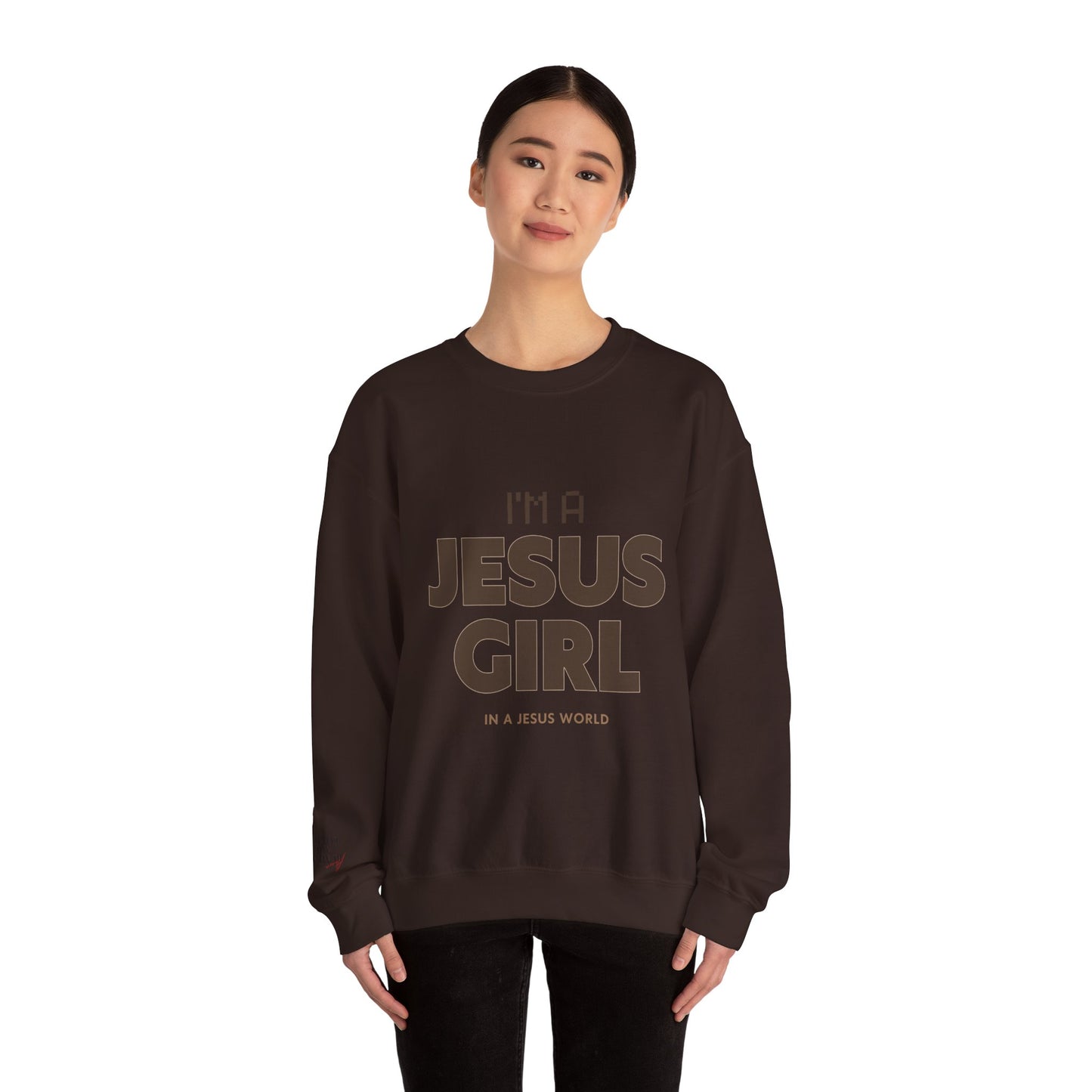 Jesus girl in a Jesus World Sweatshirt