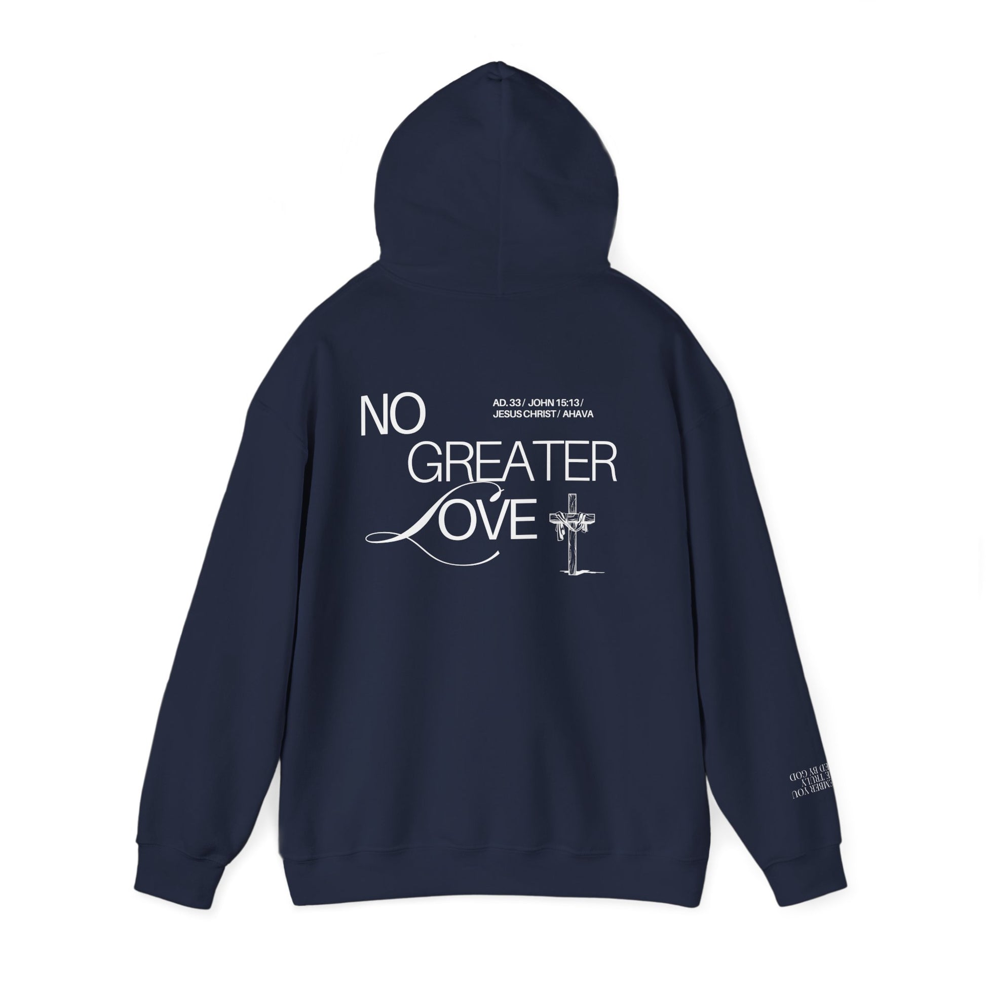 Navy blue hoodie with 'No Greater Love' text on the back against a white background