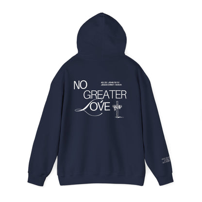 Navy blue hoodie with 'No Greater Love' text on the back against a white background