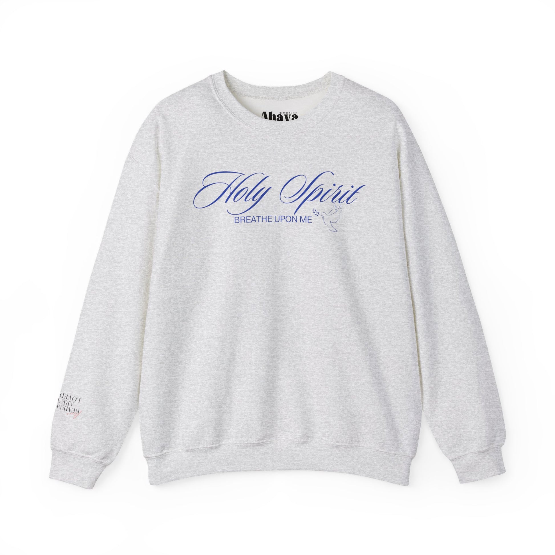 Gray sweatshirt with blue text on a white background
