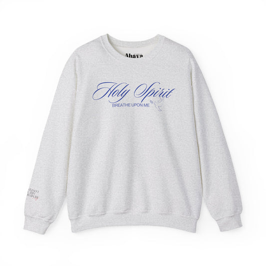 Gray sweatshirt with blue text on a white background