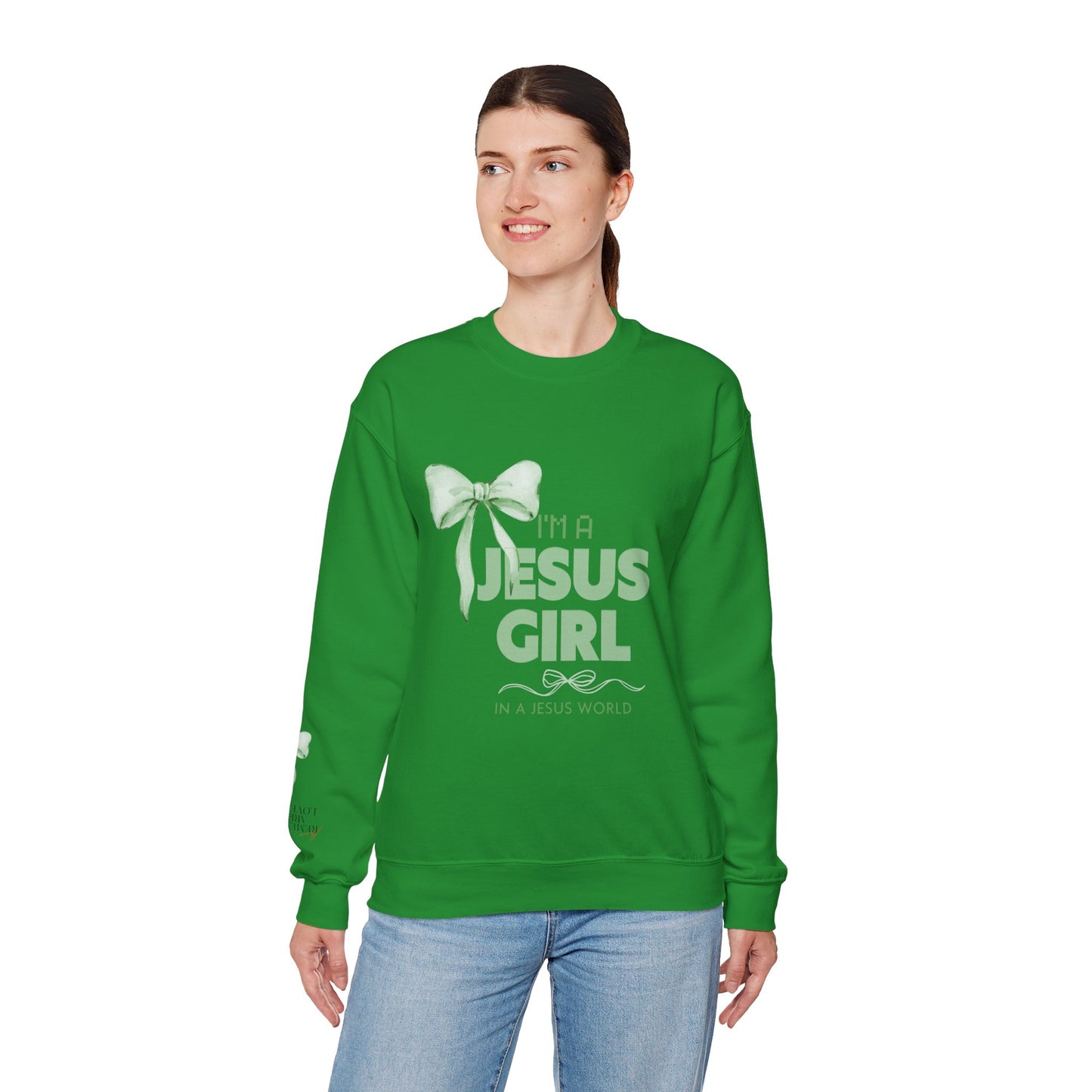 Jesus girl in a Jesus World Sweatshirt