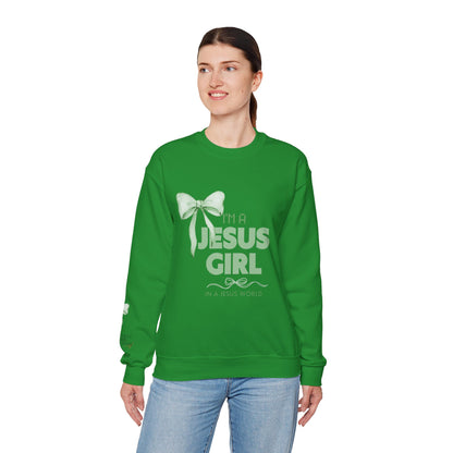 Jesus girl in a Jesus World Sweatshirt