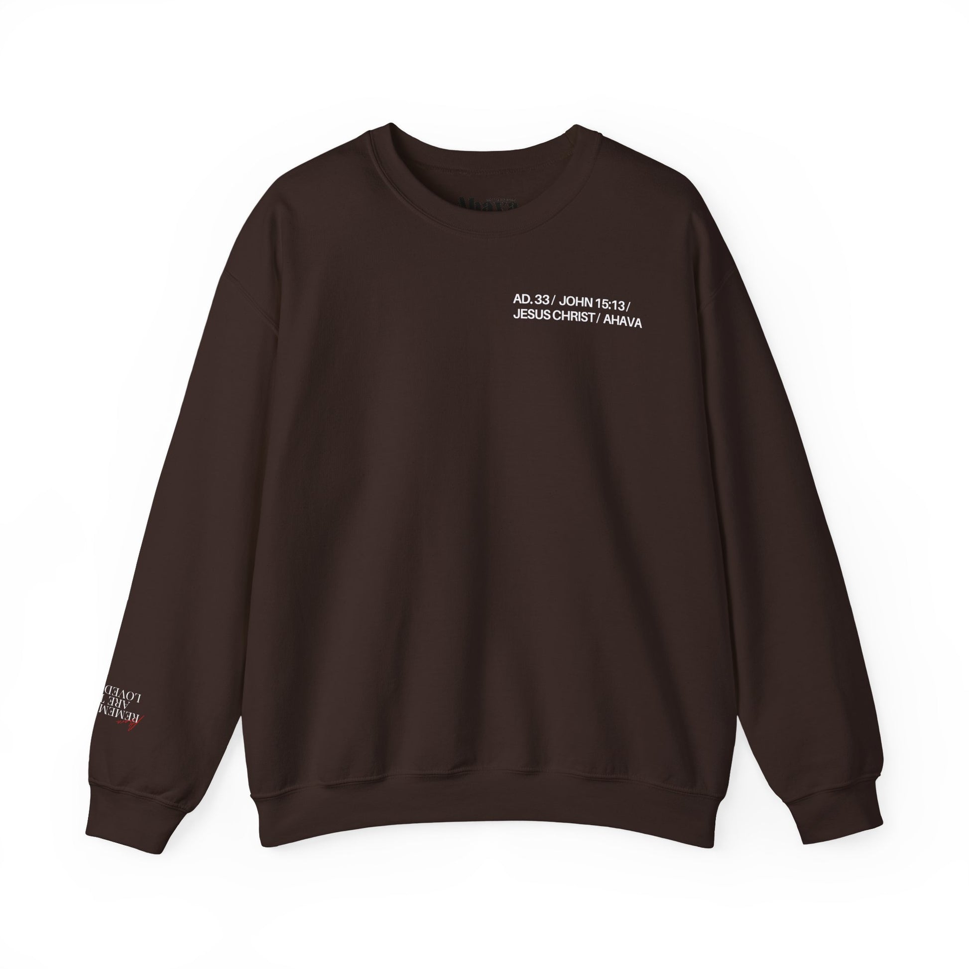 Brown sweatshirt with white text on a white background