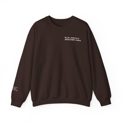 Brown sweatshirt with white text on a white background
