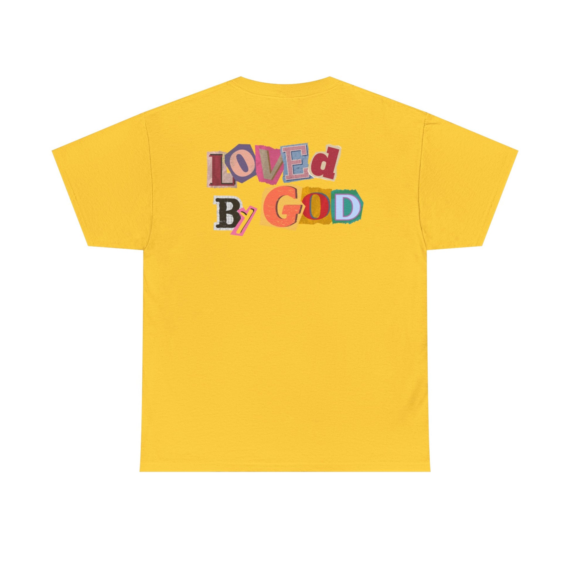 Yellow t-shirt with 'LOVED BY GOD' text on the back against a white background