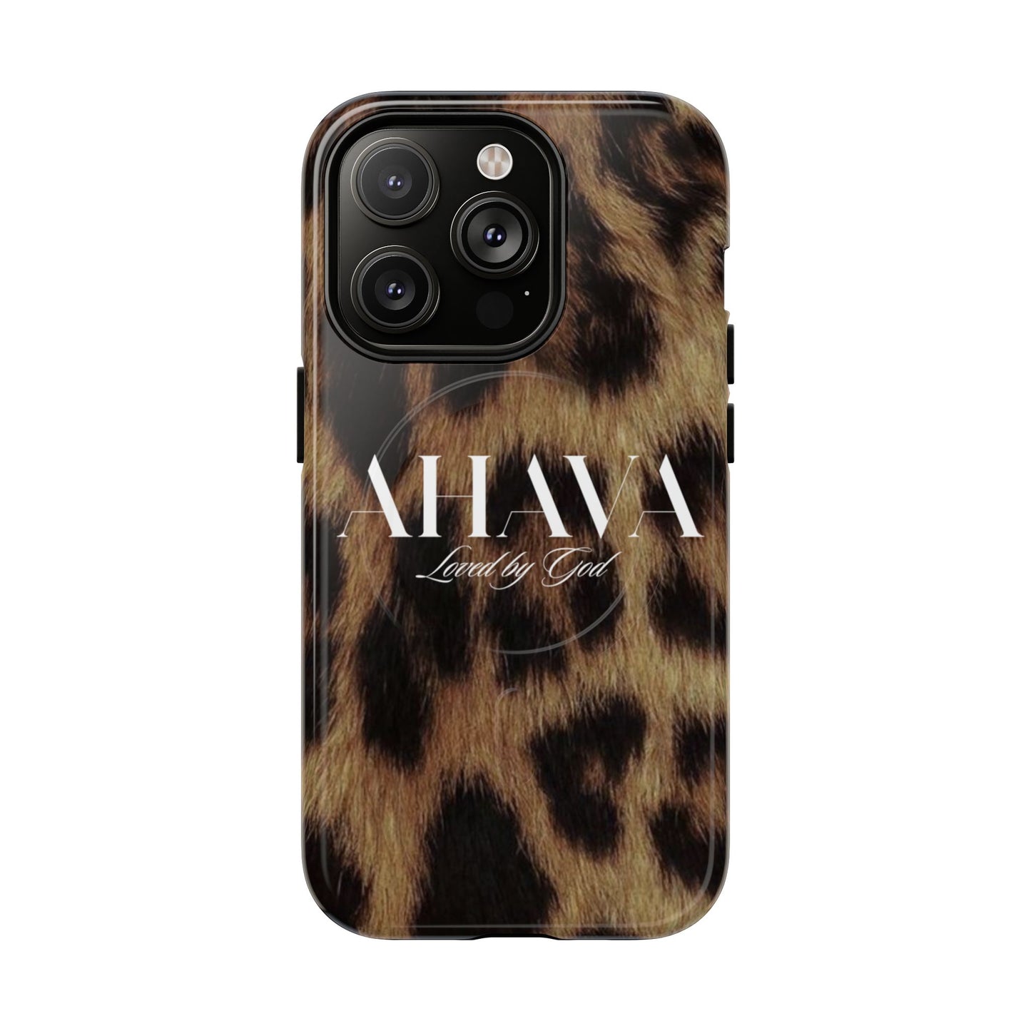Phone case with leopard print design and 'AHAVA' branding on a white background