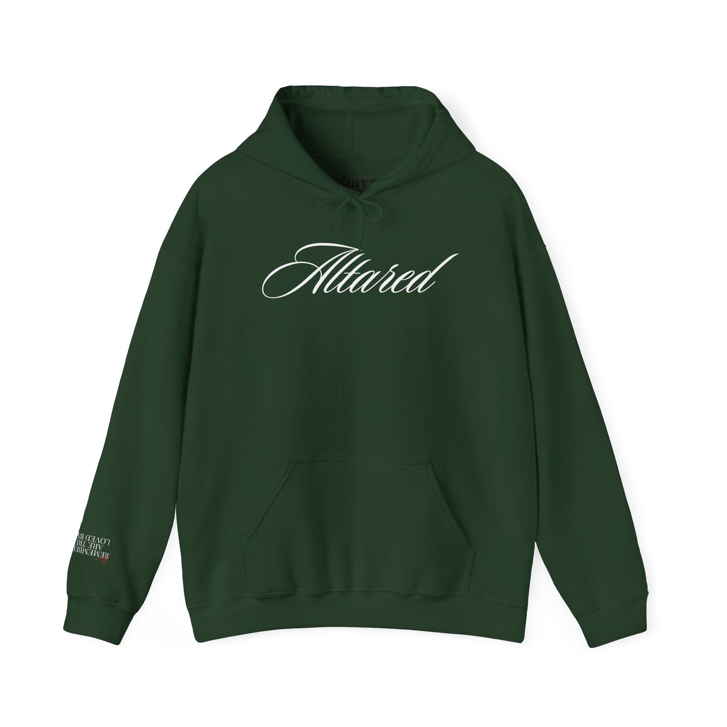 Green hoodie with 'Altared' logo on a white background