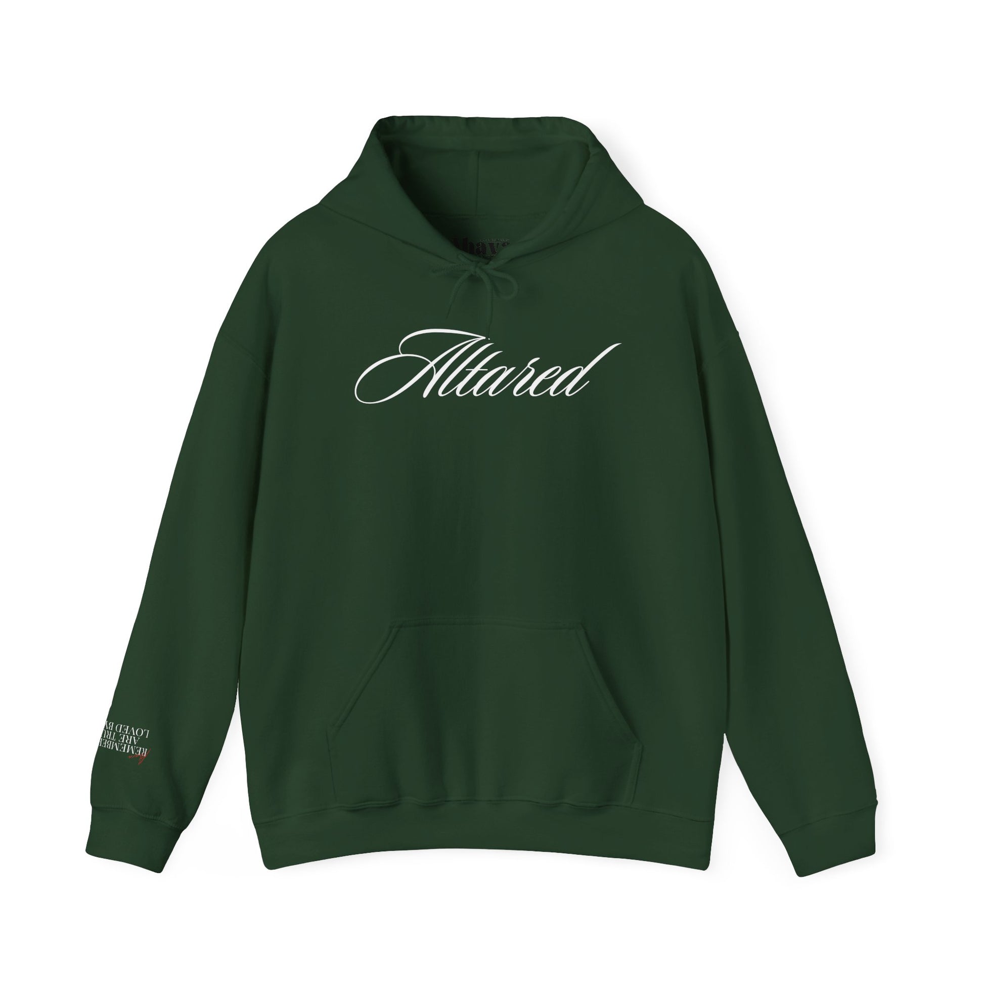 Green hoodie with 'Altared' logo on a white background
