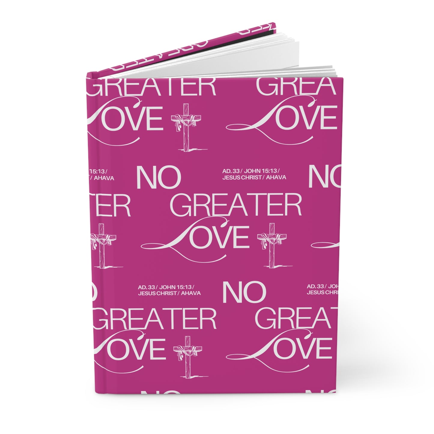 Purple book with 'No Greater Love' text and cross design on a white background