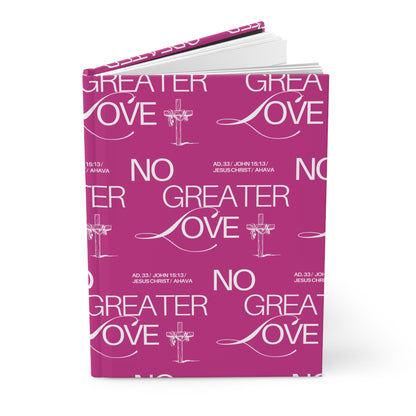 Purple book with 'No Greater Love' text and cross design on a white background