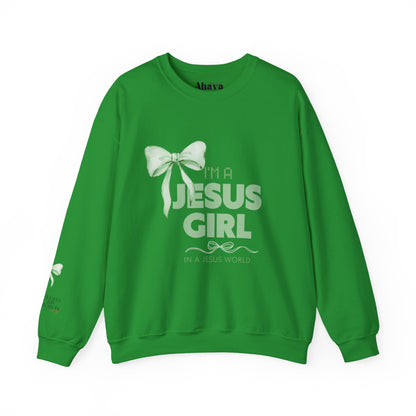 Jesus girl in a Jesus World Sweatshirt