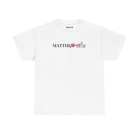 A white short-sleeve crewneck t-shirt with a graphic on the chest reading 'MATTHEW 22:37' in black, with the word 'pray' written in red script crossing it. The brand name 'Abba vats' is printed inside the collar.