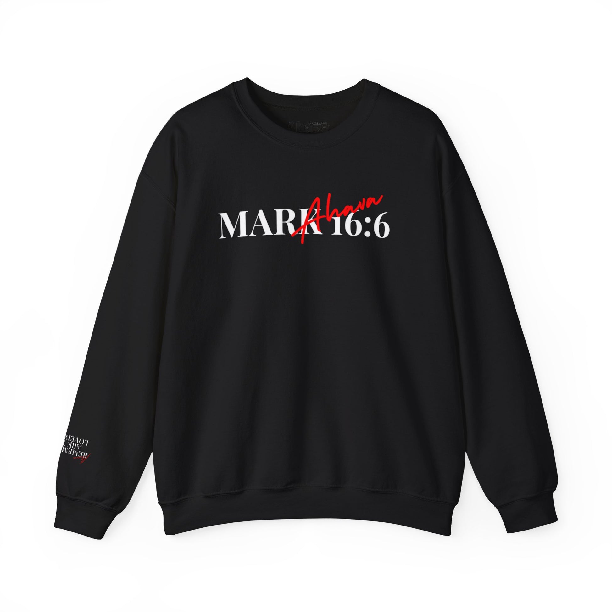 Black sweatshirt with 'MARK 16:6' text on a white background