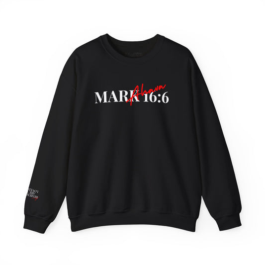 Black sweatshirt with 'MARK 16:6' text on a white background
