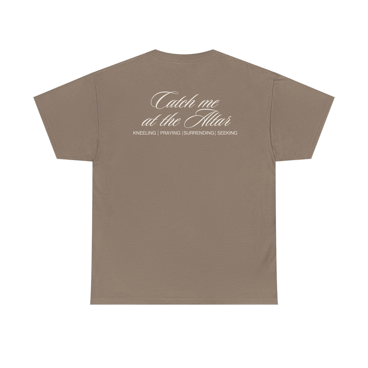 Brown t-shirt with white text on the back on a white background