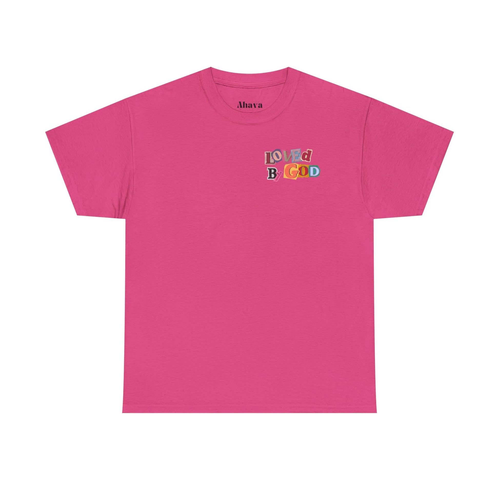 Pink t-shirt with colorful text design on a white background