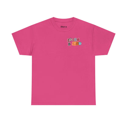 Pink t-shirt with colorful text design on a white background