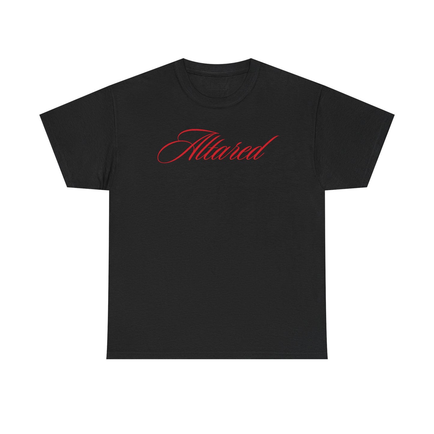 Black t-shirt with red 'Altared' text on a white background