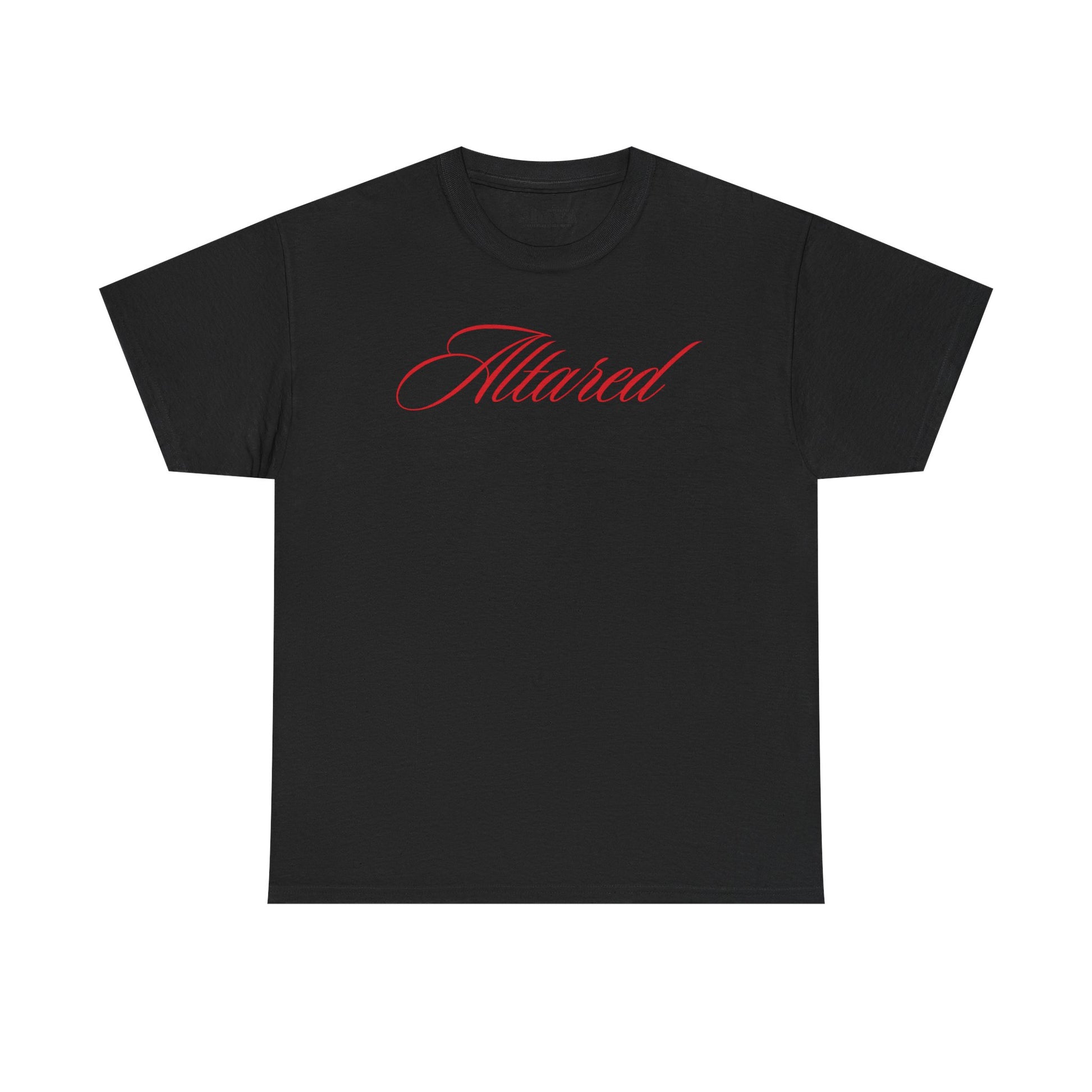 Black t-shirt with red 'Altared' text on a white background