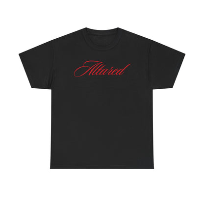 Black t-shirt with red 'Altared' text on a white background