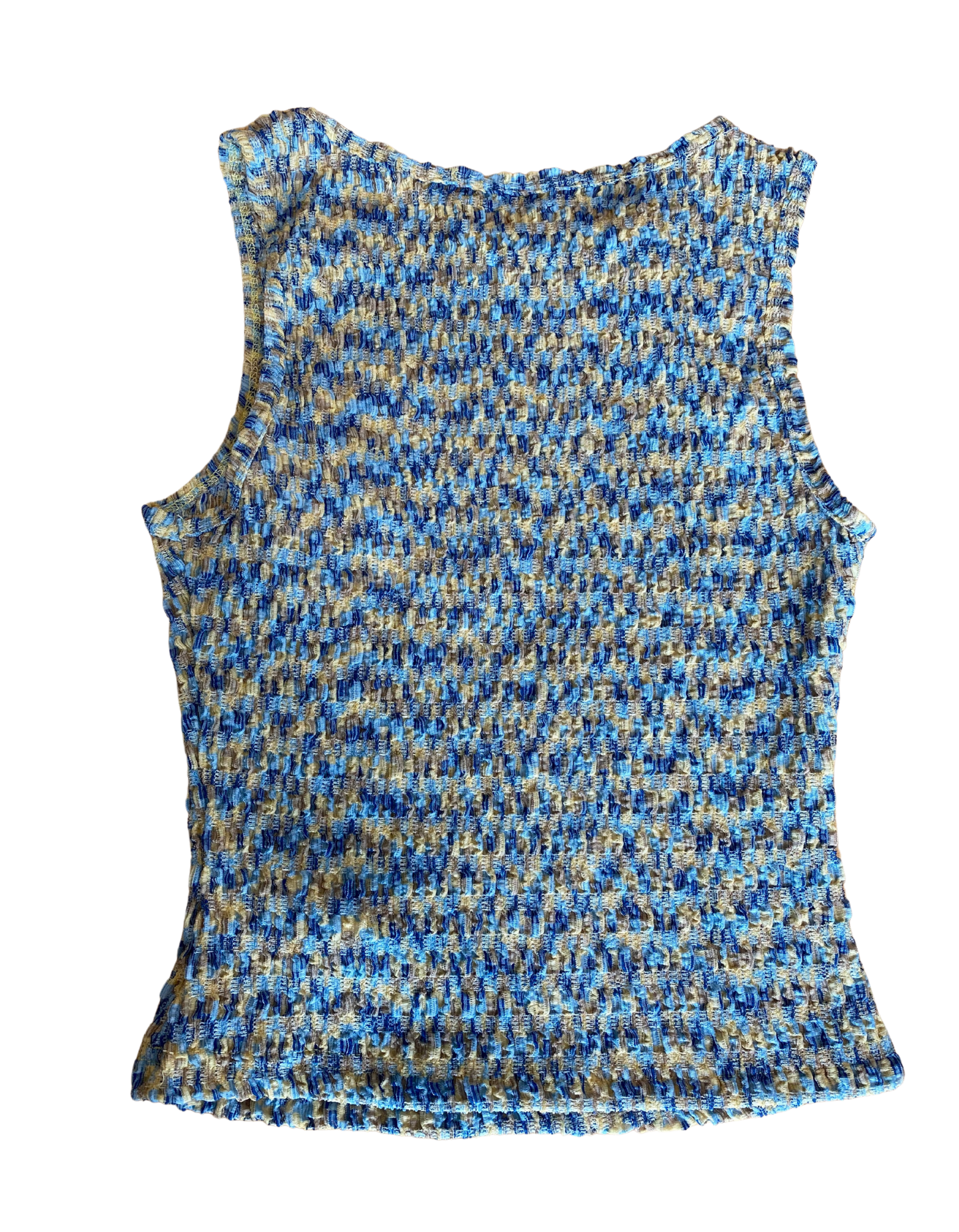 Blue and yellow patterned sleeveless top on a white background