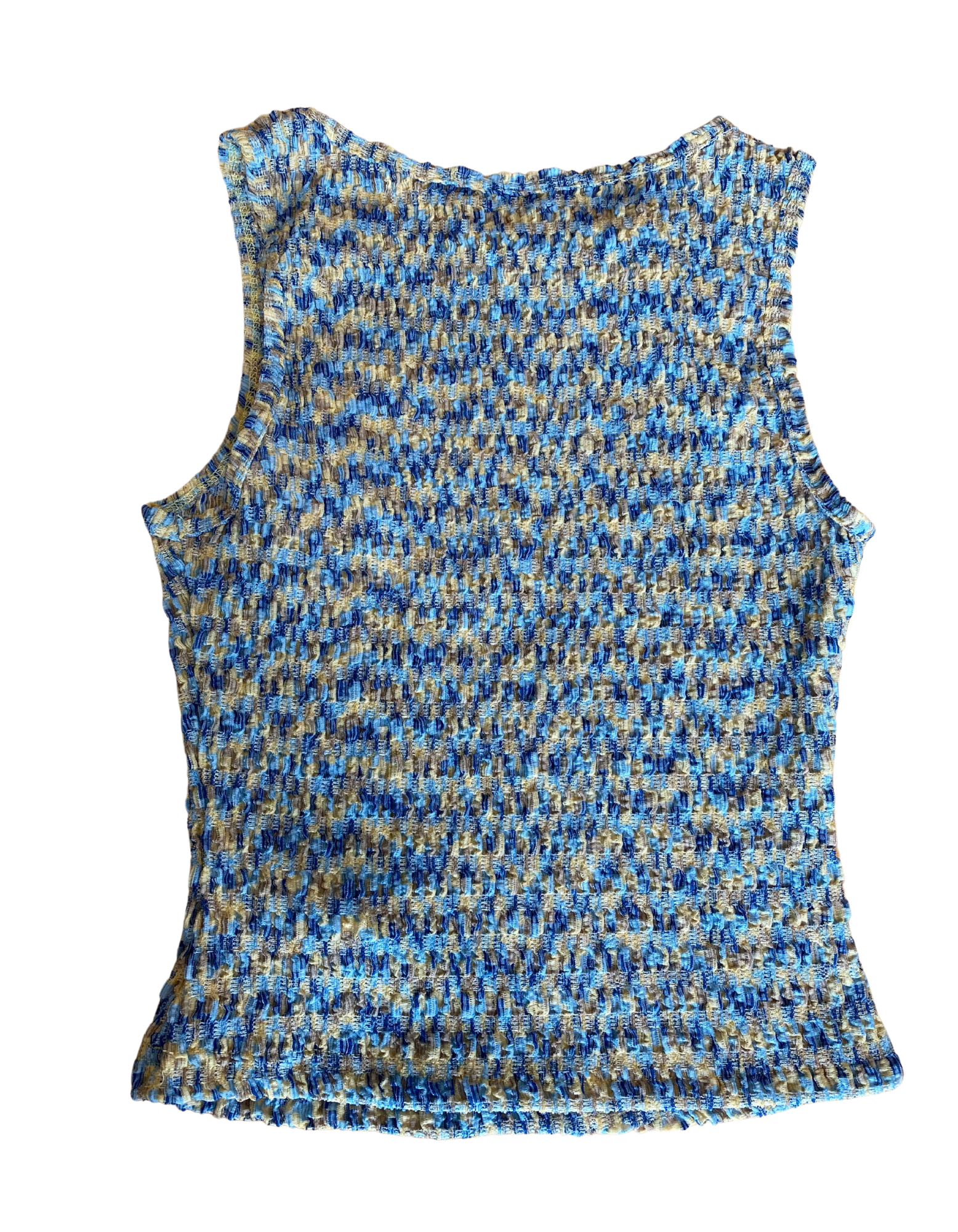 Blue and yellow patterned sleeveless top on a white background