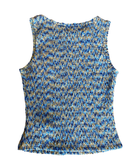 Blue and yellow patterned sleeveless top on a white background