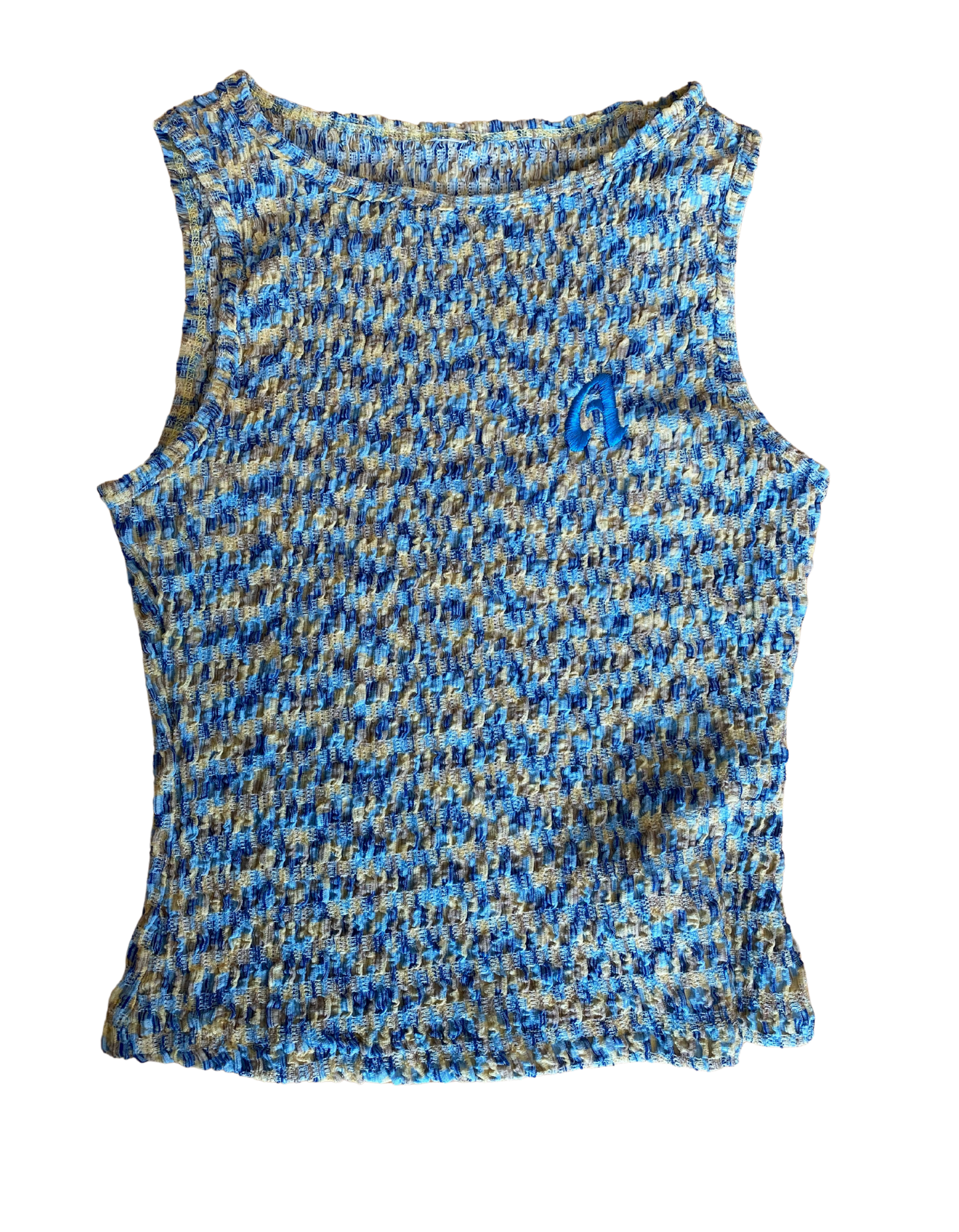 Blue and yellow patterned sleeveless top on a white background