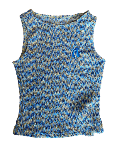 Blue and yellow patterned sleeveless top on a white background