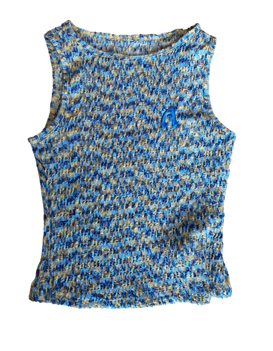 Blue and yellow patterned sleeveless top on a white background