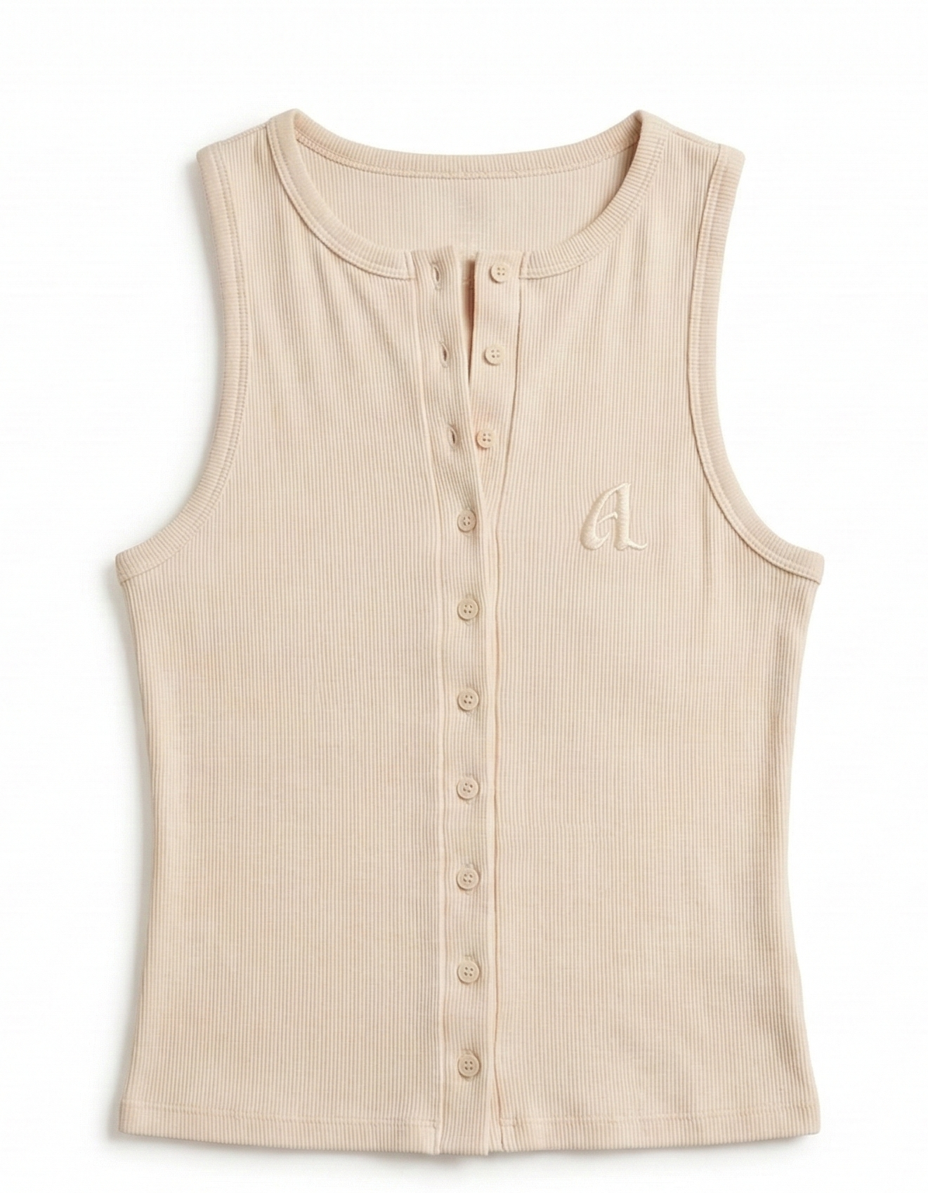Beige sleeveless top with button details on a white background