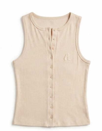 Beige sleeveless top with button details on a white background