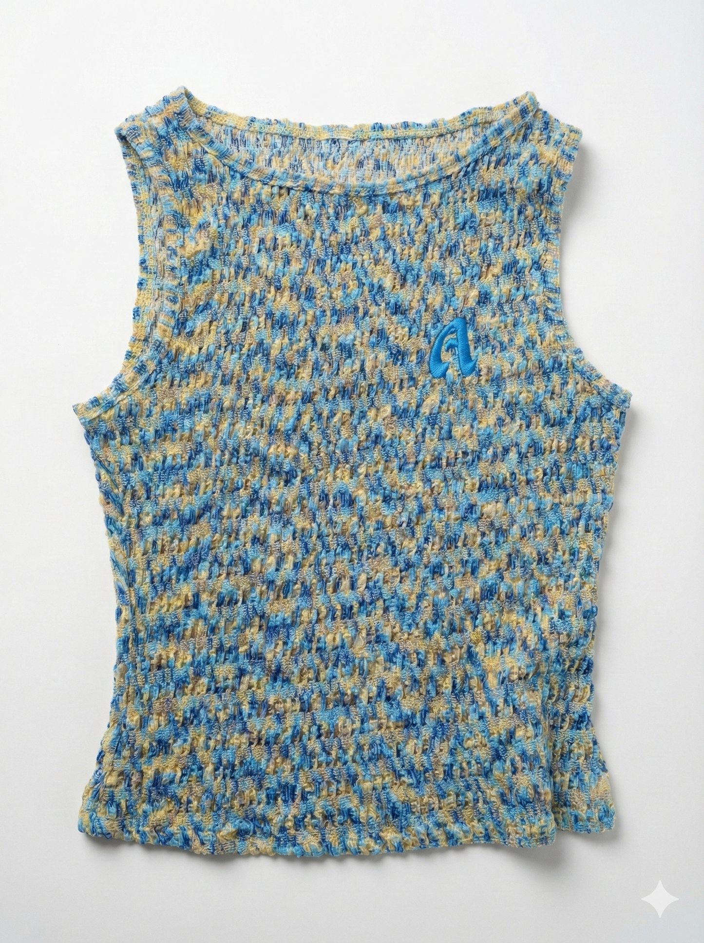 Blue and yellow patterned sleeveless top on a white background