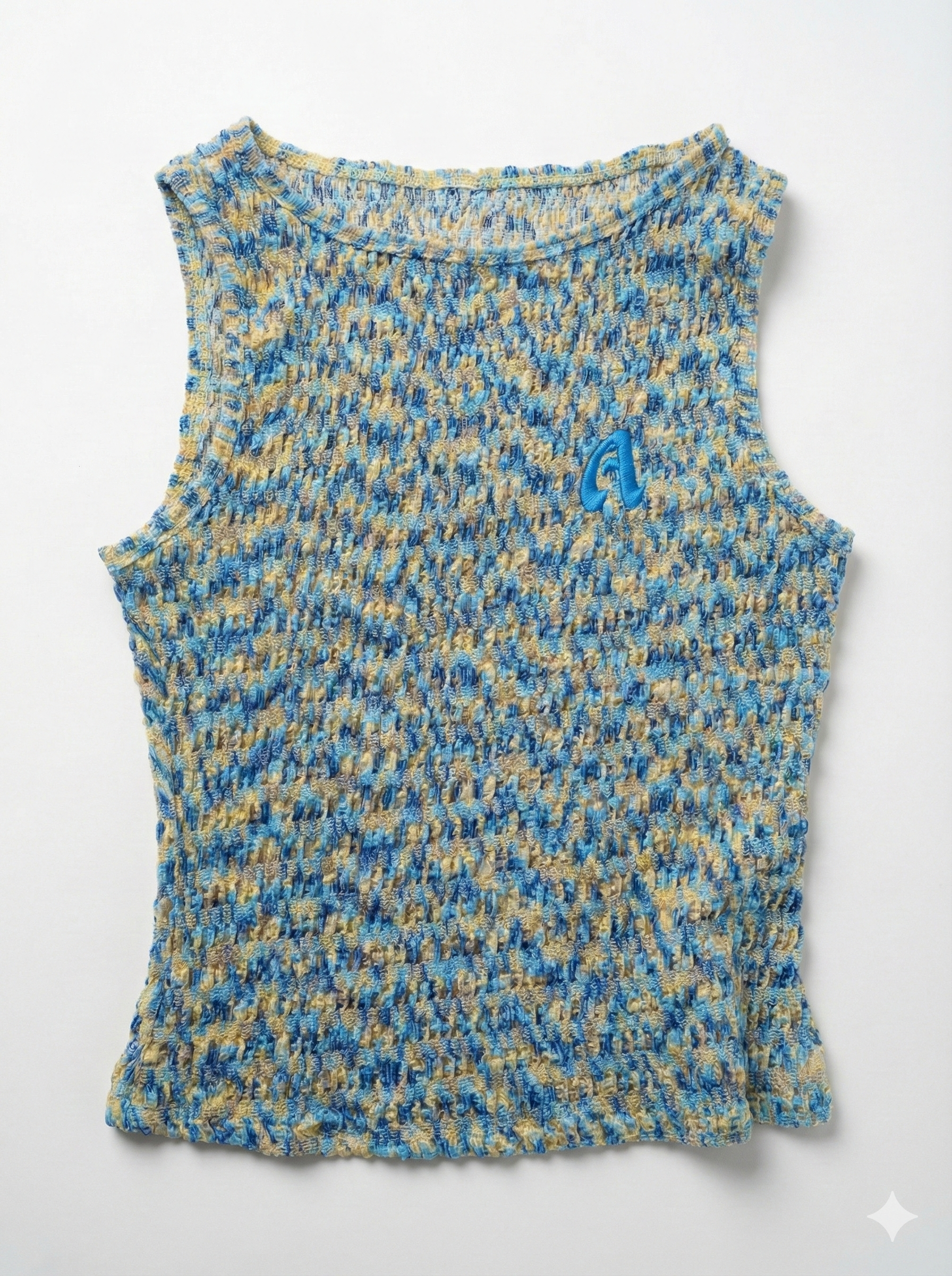 Blue and yellow patterned sleeveless top on a white background