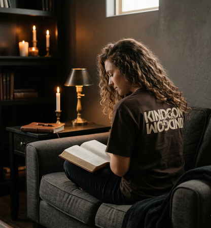Woman sitting on a couch reading a book in a dimly lit room with candles and books.