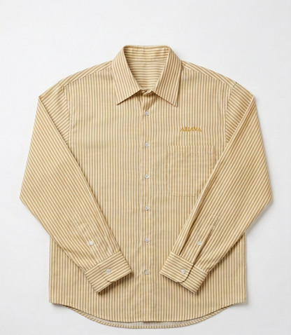 Beige striped shirt with a brand logo on a white background